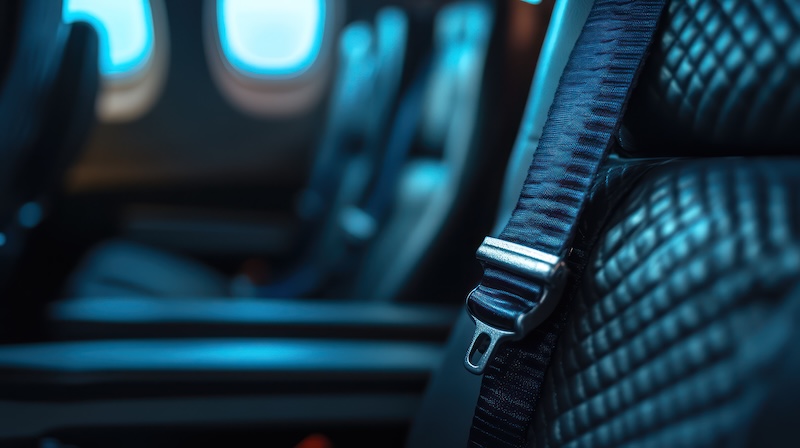 Private jet seatbelt fastened, luxury cabin, night flight, travel
