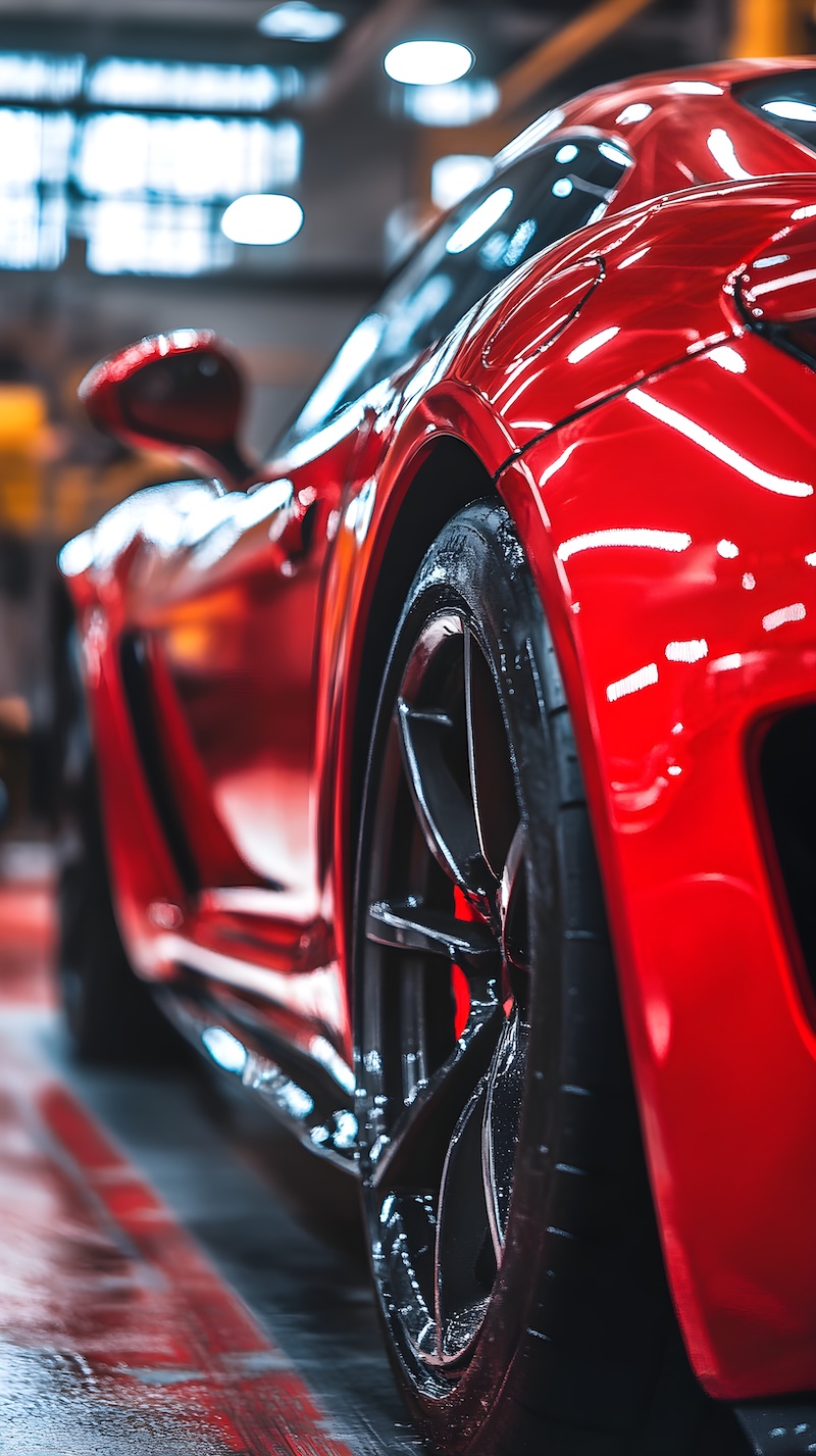 closeup of auto body mechanic carefully buffing scratch on red sports car professional vehicle repair service