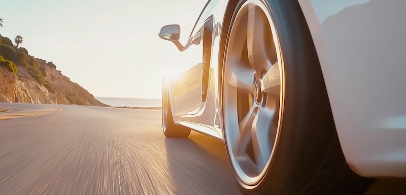 Close-up of front wheel and car body driving on scenic road, AI generated