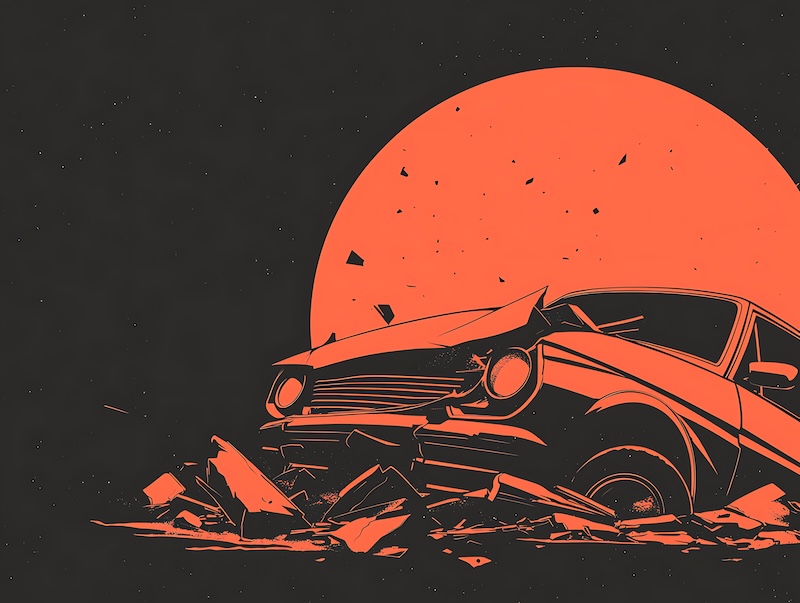 Crashed Car, Sunset, Debris