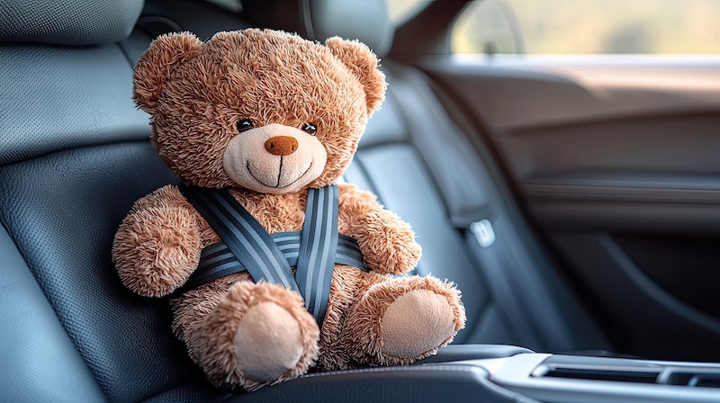 a plush teddy bear securely buckled in a car leather seat Closup blurred background Stockphoto a copy space on the right side --no dark colors --chaos 30 --ar 16:9 --quality 2 --style raw --stylize 500 --v 6.1 Job ID: a1907d49-4525-402e-82a8-0eea8209b4dc