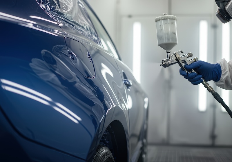 A skilled technician applies a fresh coat of blue paint to a car using a spray gun in an auto body shop during the day.