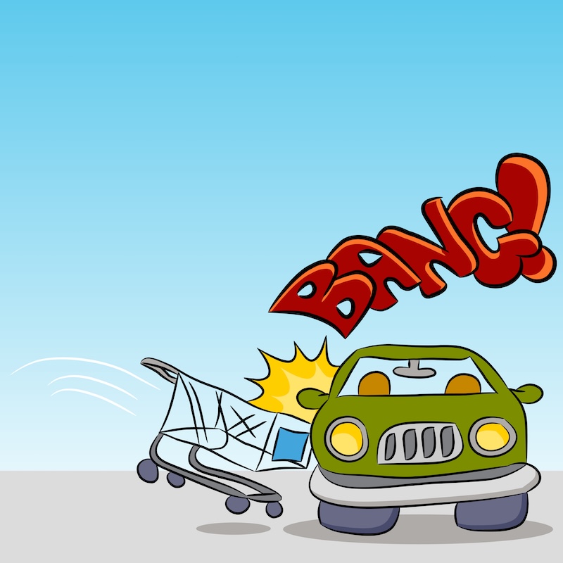 An image of a shopping cart damaging a car.