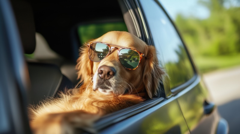 Golden retriever wearing sunglasses enjoys a sunny car ride with the window down on a warm day