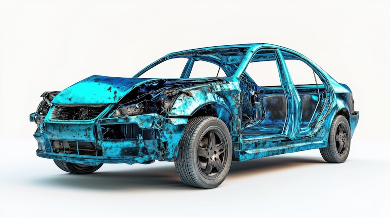 A 3D rendered image of a severely damaged blue car. The vehicle shows significant damage from a collision, revealing its internal structure.
