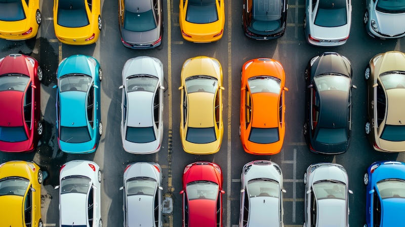 Overhead view of many different cars standing in rows in parking lot. Multicolored cars, texture wallpaper. Background for car dealership banner --ar 16:9 --v 6 Job ID: 172a6bd1-439c-41ad-901c-c984254bd0b4