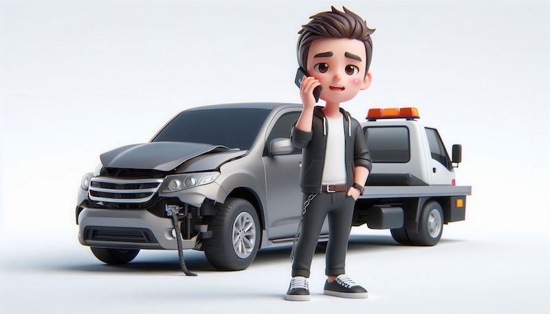 Emergency car breakdown assistance urban setting digital illustration casual viewpoint