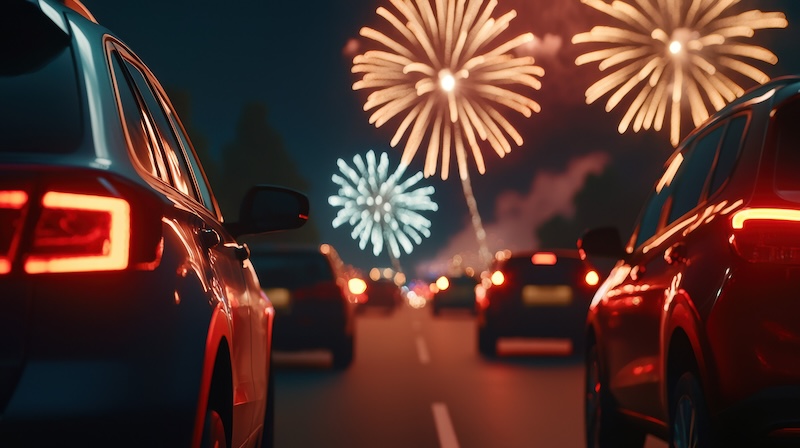 A nighttime scene of cars parked on a road, with vibrant fireworks illuminating the sky in a festive atmosphere.