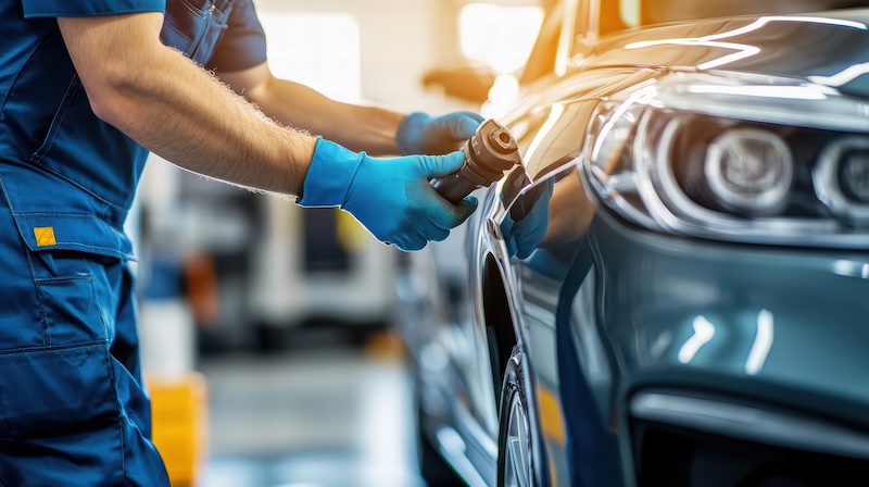 auto body repair technician using tool on car