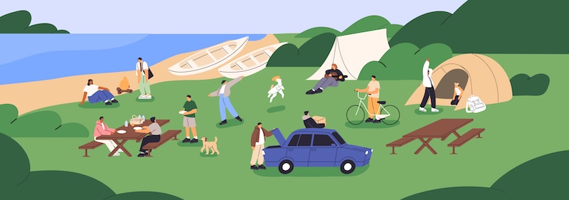 Group of hikers relaxes in campsite on river bank. People are in hiking camp with tents, cars, picnic table and campfire. Summer festival outdoors, holiday party at nature. Flat vector illustration