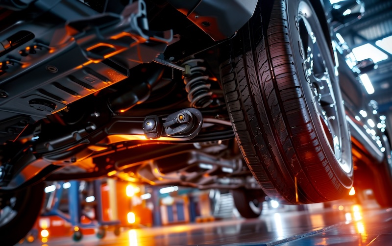 Close-up view of car suspension and undercarriage in a modern auto repair shop with professional lighting and equipment frame straightening
