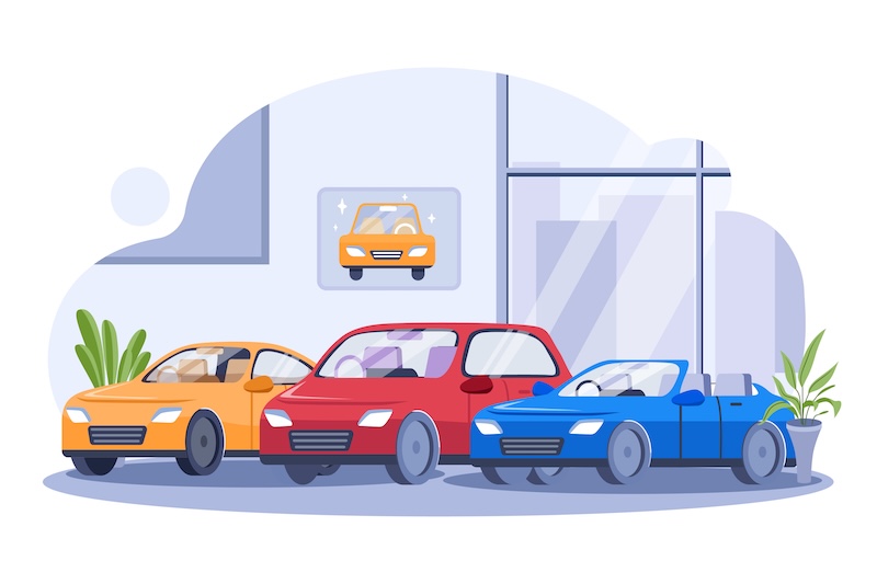Car showroom view Illustration concept on white background at dealership collision shops