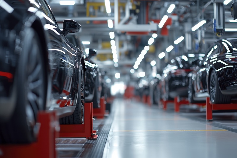 A Modern automotive service center with sleek black cars lined up dealership collision shops