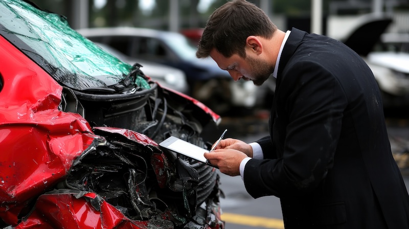 A man in a suit documenting automobile damage after a collision, showcasing the importance of insurance evaluations.