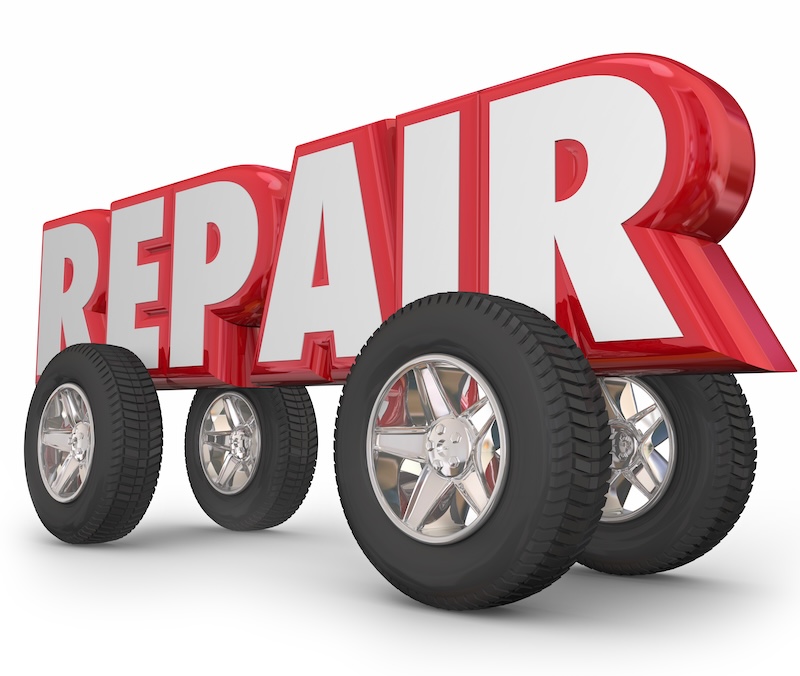 Repair word in 3d letters with wheels and tires on it to illustrate fixing a car, truck or automobile