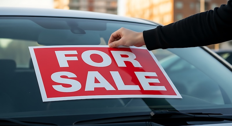 Hand is putting a for sale sign on a car windshield to advertise a vehicle for resale Use for dealerships or private sales.