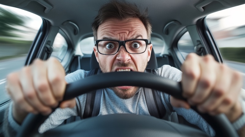 Car experiencing steering issues while driving. Featuring a worried driver