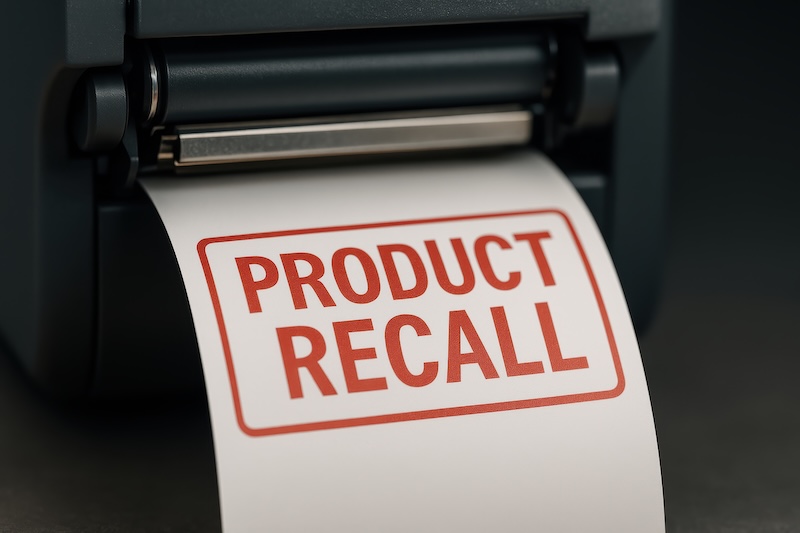 A printer is producing label that reads PRODUCT RECALL, emphasizing importance of quality assurance in product safety child passenger safety