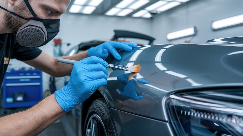 Precision Auto Detailing: Technician Applying Touch-Up Paint or Coating with Brush