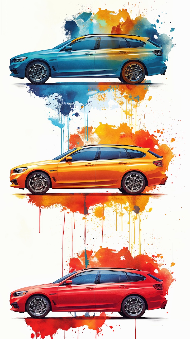 Various stages in car painting are displayed, showcasing clean lines and bright colors. Each vehicle transitions from blue to orange and red, highlighting the artistic process involved.