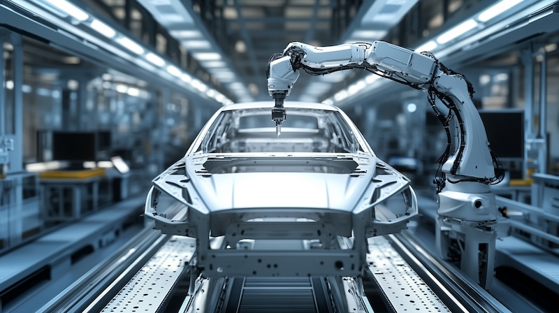 automated robotic arm assembling car frame on  production line in hi tech industrial factory
