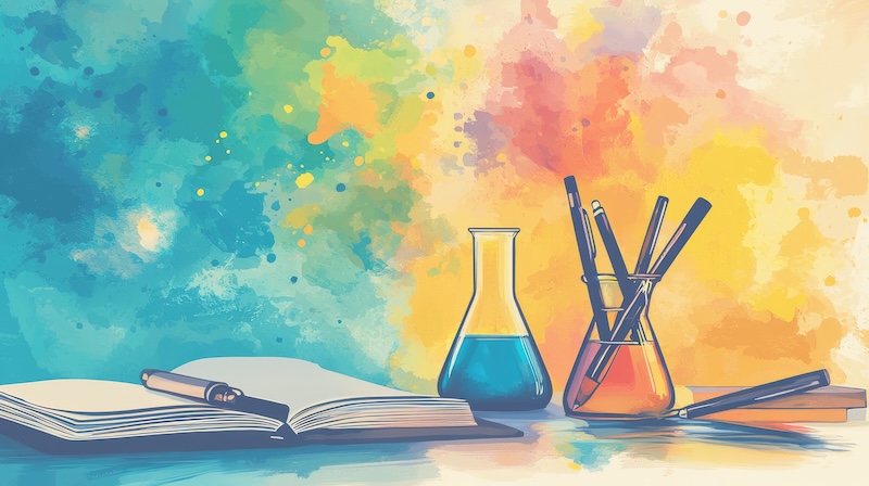 A colorful scene featuring a book, beakers, and pens, symbolizing science and creativity Car Paint Science