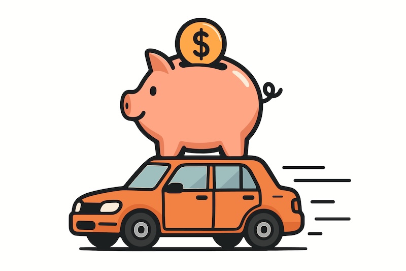 Saving for a car concept illustrated with a piggy bank and dollar coin on top of a speeding orange vehicle. Vector graphic for finance, loans, budget, and transportation costs.