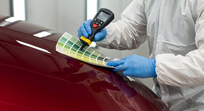 A person in a white protective suit and blue gloves uses a handheld device to measure the color of a red car hood, comparing it to a color palette. The scene is set in a repair shop.