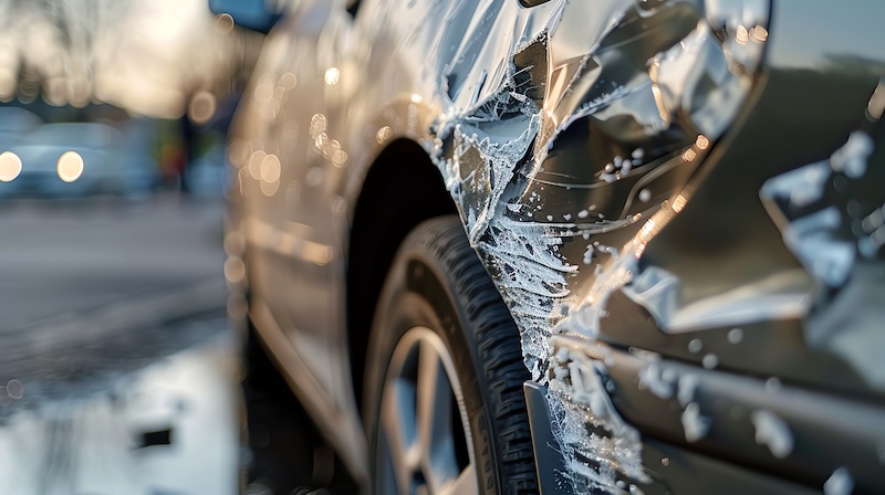 Damaged car with crumpled metal and tire close-up.