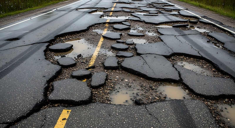 Close up view of a neglected and broken asphalt road surface showing extensive damage, deep potholes, and standing water.