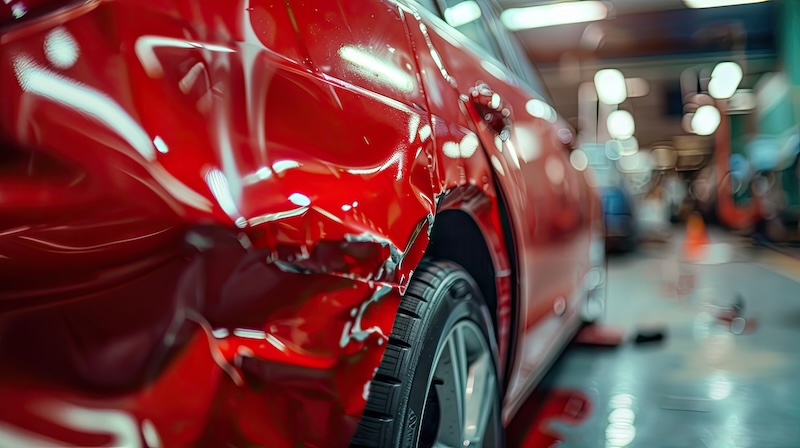 Auto body repair specialist diligently fixes dented car fenders for flawless restoration --ar 16:9 Job ID: b073b4fc-75df-42a5-b838-975f72960343