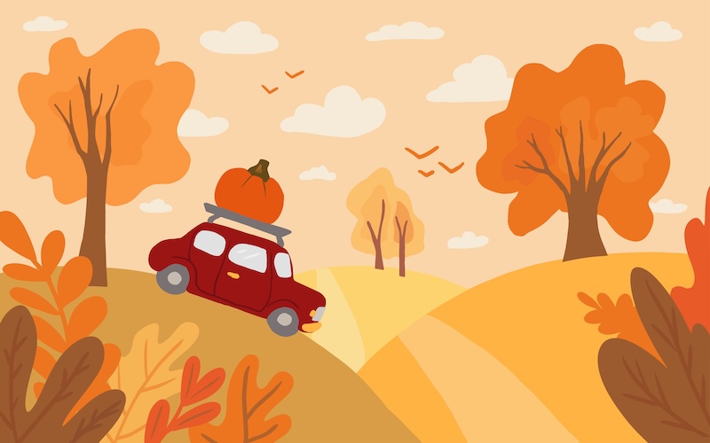 Flat Autumn landscape. Vector countryside illustratiom with woods, herbs, road and red cute car with pumpkin. Thanksgiving holiday card SSUCv3H4sIAAAAAAAACpyRwW7DIAyG75P2DhHnRkqakKZ9lWoHh7gNKoUKyKap6rvPQKg474Y/27/9m+fnR1WxCZwU7FQ9Q0SxVGp13oKXRhNudxu3qGe0RJpMcJbeWAmqhBN4sWi4I0G9KhXwKyaZ8+BXhy4M25AAj1fSSPAtkTY6p7jKiZikDkoxtiuYW6fIMkri/+pMj6/sBq6oxW9cuDBiUSEkI+dUym4/Hu29tAbrLE3h6tsIUKGgK5QeVgqpr0Wb8Uu8cm4TZtXehhXemzNlzAMmFU58IU3MfAHnqHzOvBgk6E/NvZijjY8GNlU200+EsO32vNkf9+1w4EPTD/24FaTfWyTpxHWyEMXiJufSugwbMEQ+9scLr8fhMtZ9B009waGpheBcjOPUAe/p8K8/AAAA//8DANPaE3CHAgAA