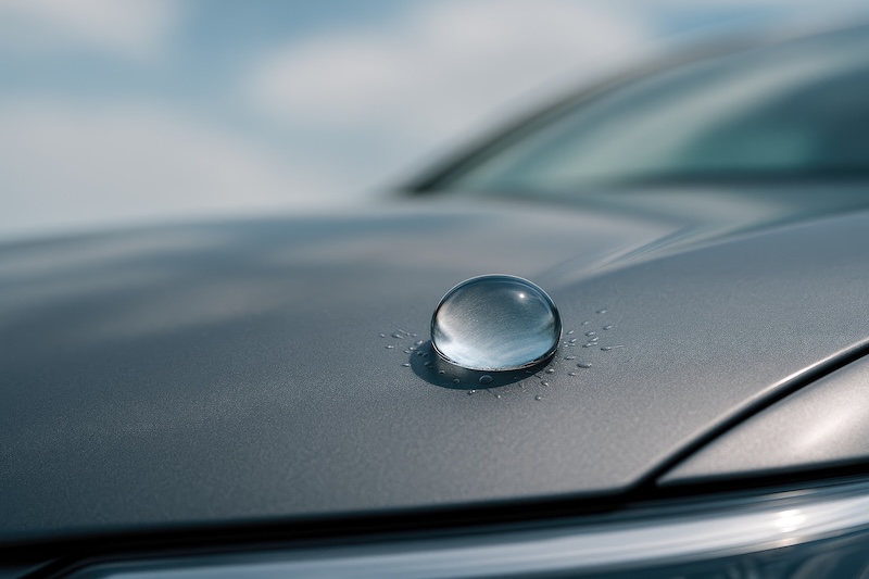 Water droplets after a rain shower on a gray car surface with sky mirrored in the background