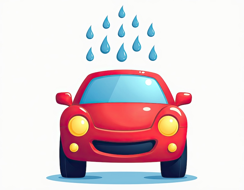 A bright red cartoon car is happily getting washed by many falling blue water drops on a clean white background.