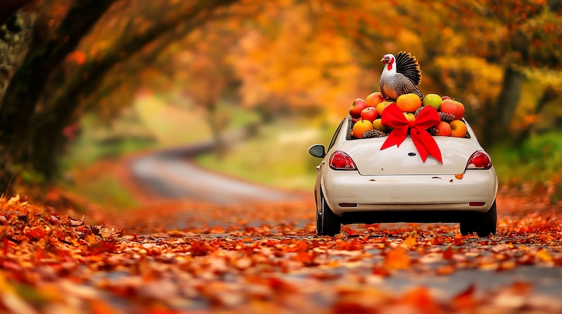 Autumn road trip Thanksgiving turkey, apples, car