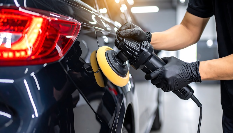 Close-up of a person using a polishing machine on a black car's body panel.  Focused on the precision of the work.