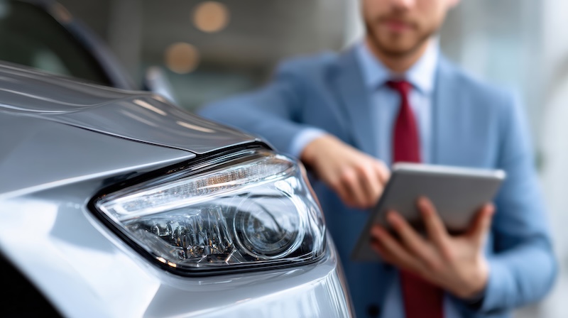 Focused insurance agent inspects car damage after an accident. man uses tablet to calculate detailed repair estimate for claim in professional service center