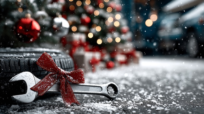 Winter festive celebration with a tire, a wrench adorned with a red ribbon, and decorated Christmas tree in a snowy setting. Christmas and New Year greetings from the car service, auto repair shop. With copy space SSUCv3H4sIAAAAAAAACpxSy27DIBC8V+o/WJxjya84bn8l6mGBTYyKIQKcqory712MiTj35pmdnd1h/Xh/qyrGwSvBPqtHRISV1qsPDoKyhujmsPMOjURXMnfXj01JgCLUZoRSBesU6FLCIYjZwIJEmlXrSD+3IvMBwurRx112SkDAK3kk8mWRFj4nXOXCVqQOKjF2KDi/8o3LVDL/V2f6+HoFvqIRv9vCRRCHGiEFOScp+/4J6JYyGqxS2SLV3QrQUdAXTqBu4CD17brFSowvOjQfY6G8OSWUuRYDbJi3c+VGYVcTXFz2lZFpa2/AdTzGhaZj5mfwnuQy88UgQT+HXYo5xoYt6u7KJN0swrYfmmY6Dv3UtNPQtcNpF6Q7z4p8tnWyEWHxrWT5SCpuwE4CsJ0uY43Q83qAI69hPIq6azsuhORi6k50oucfAAAA//8DAIgHkHHQAgAA