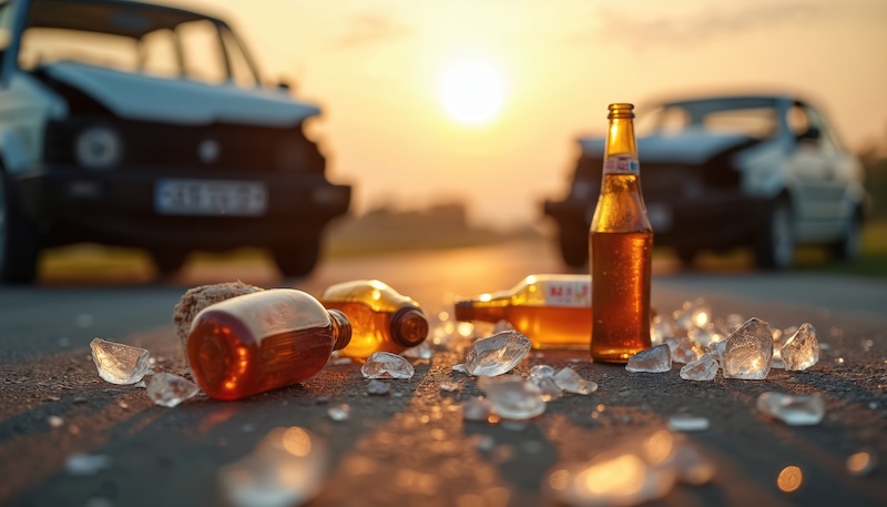 Car accident alcohol bottles on road. Crash with broken car damaged from collision. Drunk driver caused dangerous, critical situation, causing injury, accident wreck. Concept drinking alcohol
