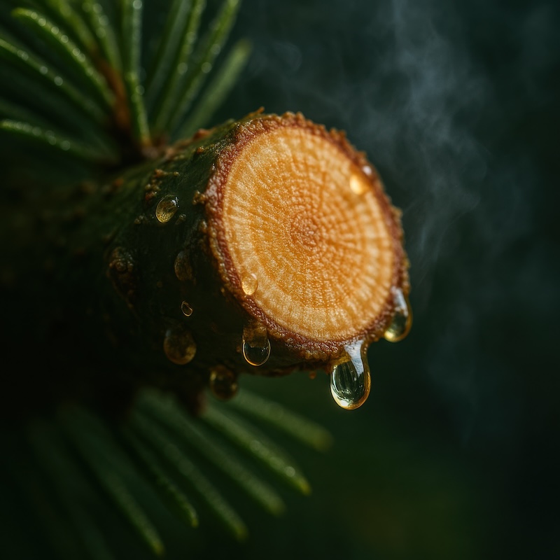 Macro view of a fresh cut spruce trunk with resin droplets shining on the wood. Dark green needles blur in the background. Symbol of natural holiday tree scent.