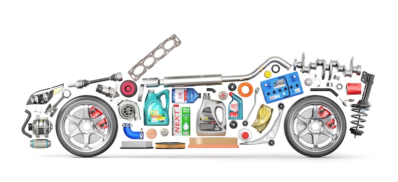 Autoparts in form of car isolation on a white background. 3d illustration