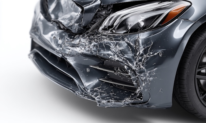 Detailed close-up image of a car front with significant damage after an accident, ideal for insurance documentation and evaluation purposes.
