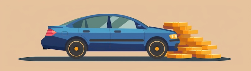 Illustration of a blue car parked next to a stack of gold coins, representing financial investment in vehicles and car costs.