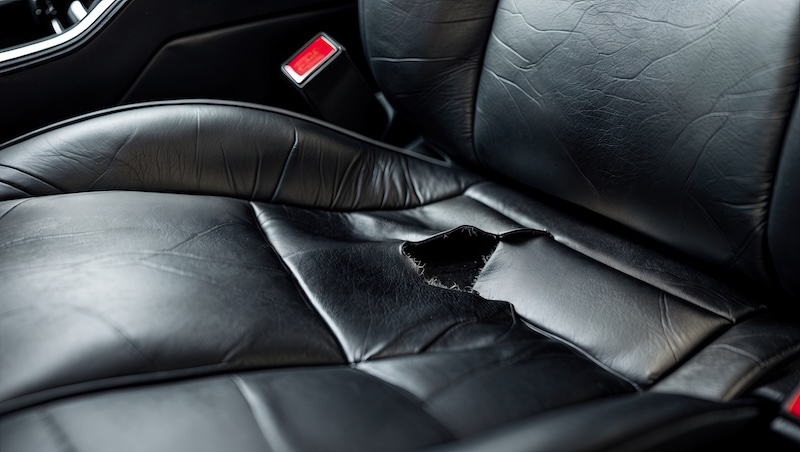 Black leather car seat with a prominent tear in the center, showcasing wrinkled texture and worn edges, highlighting signs of wear and tear.