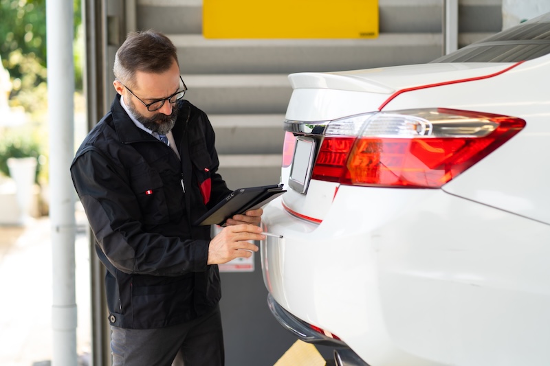 Accident Inspector Inspect damage car caused by car crash on the road. Car insurance agent examining white car by digital tablet in garage.