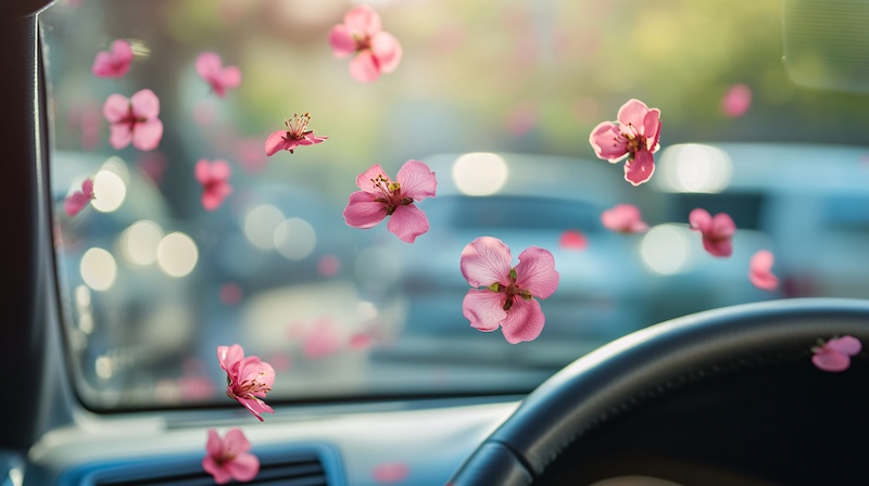 Pink flowers floating inside a car as the sun shines brightly on a spring day