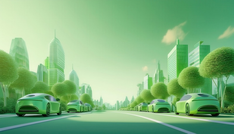 A futuristic cityscape with green buildings and cars, representing sustainability and a clean environment.