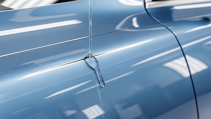 The a closeup view of a whisk with water dripping from its tip onto a shiny blue car surface. The water droplets are captured in mid-air, creating a reflective and glossy effect on the car's metallic paint. The blue surface of the car reflects light, enhancing the glossy and wet appearance. The whisk is clear and transparent, with the water droplets forming a teardrop shape as they fall.