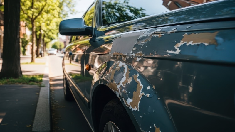 Fading car paint exposes primer, parked street side on a sunny day