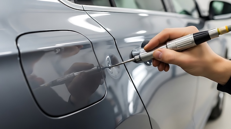 Close up of a hand using a metal dent repair tool on a gray car door. The tool is silver and black. The car door reflects the surroundings.